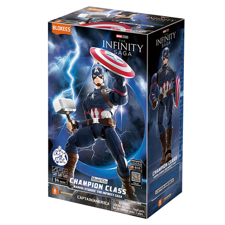 Boîte Marvel Blokees Champion Class Captain America Infinity Saga avec le héros tenant son bouclier et le marteau de Thor.