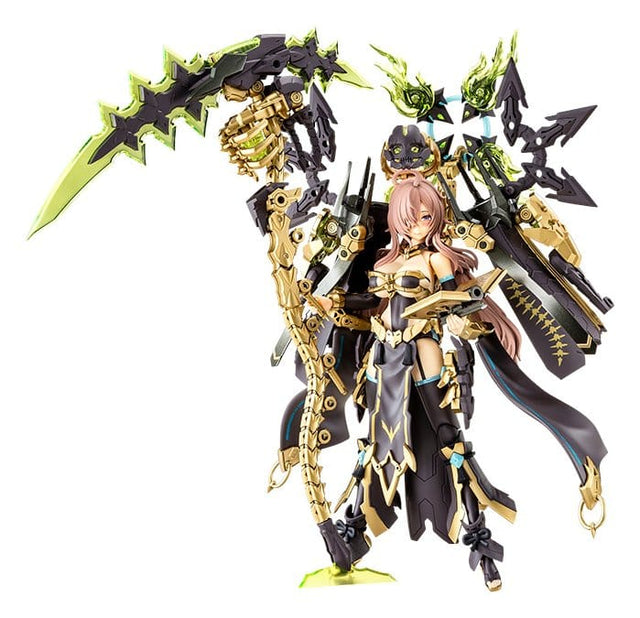 Plastic Model Kit Megami Device AUV Tsukuyomi Fabulous 1/1 de 22 cm, figurine mecha girl avec armure noire et dorée, grande faux et accessoires mécaniques.