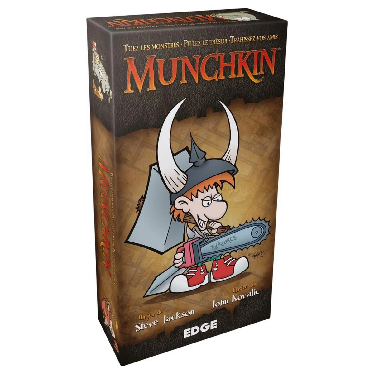 Boîte du jeu de cartes Munchkin de Steve Jackson, édité par Edge, avec illustration humoristique d'un petit aventurier portant un casque à cornes et tenant une épée-tronçonneuse, sur fond marron et noir.