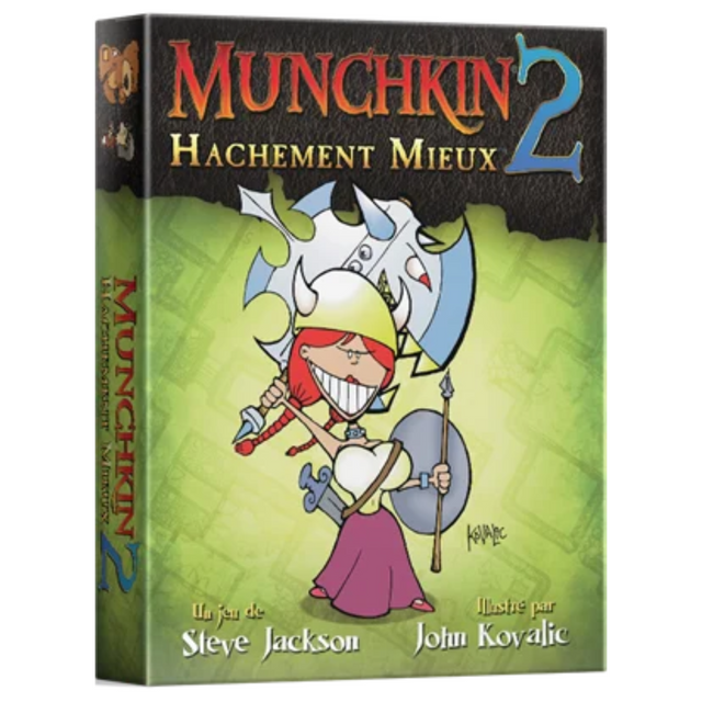 Boîte de l'extension Munchkin 2 – Hachement Mieux de Steve Jackson, illustrée par John Kovalic, représentant un personnage humoristique portant une énorme hache et un bouclier sur fond vert, avec le logo Munchkin 2.