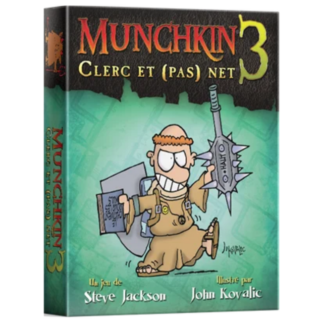 Boîte de l'extension Munchkin 3 – Clerc et (pas) Net de Steve Jackson, illustrée par John Kovalic, représentant un personnage humoristique en tenue de clerc avec livre, bouclier et arme à pointes sur fond vert turquoise.