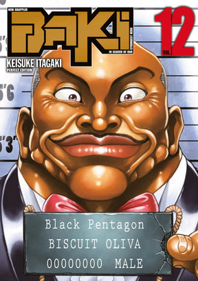 manga New Grappler Baki Perfect Edition tome 12 avec Biscuit Oliva en mugshot, en costume avec un grand sourire et un nœud papillon rouge