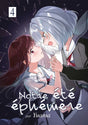 Notre été éphémère Tome 4 représentant Chiharu et Aya se tenant les mains, sur fond sombre et éclats de verre, l’émotion à fleur de peau.