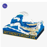 Set de construction Pantasy représentant la Grande Vague de Kanagawa en briques, avec bateaux et vagues en relief.