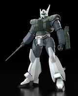 Plastic Model Kit MODEROID Patlabor 2 The Movie AV-98 Ingram Reactive Armor 1/60 de 13 cm, mecha blanc avec armure réactive verte, bouclier et arme.