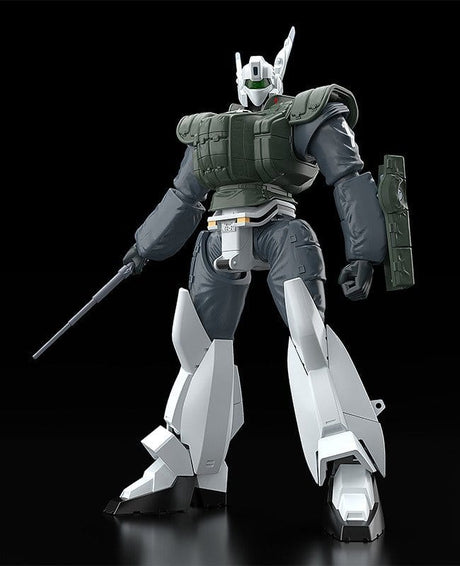 Plastic Model Kit MODEROID Patlabor 2 The Movie AV-98 Ingram Reactive Armor 1/60 de 13 cm, mecha blanc avec armure réactive verte, bouclier et arme.