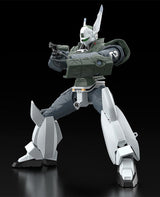 Plastic Model Kit MODEROID Patlabor 2 The Movie AV-98 Ingram Reactive Armor 1/60 de 13 cm, mecha blanc avec armure réactive verte, bouclier et arme.