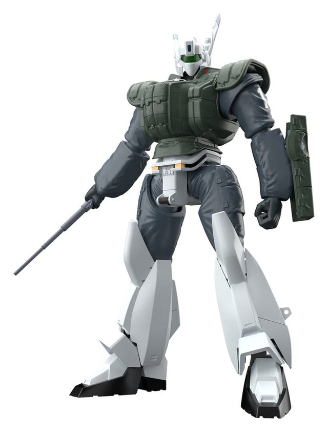 Plastic Model Kit MODEROID Patlabor 2 The Movie AV-98 Ingram Reactive Armor 1/60 de 13 cm, mecha blanc avec armure réactive verte, bouclier et arme.