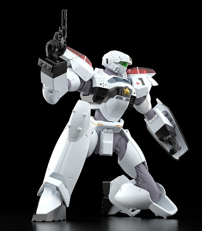 Plastic Model Kit MODEROID Patlabor 2 The Movie AV-2 Valiant 1/60 de 13 cm, mecha blanc avec bouclier 221 et arme.