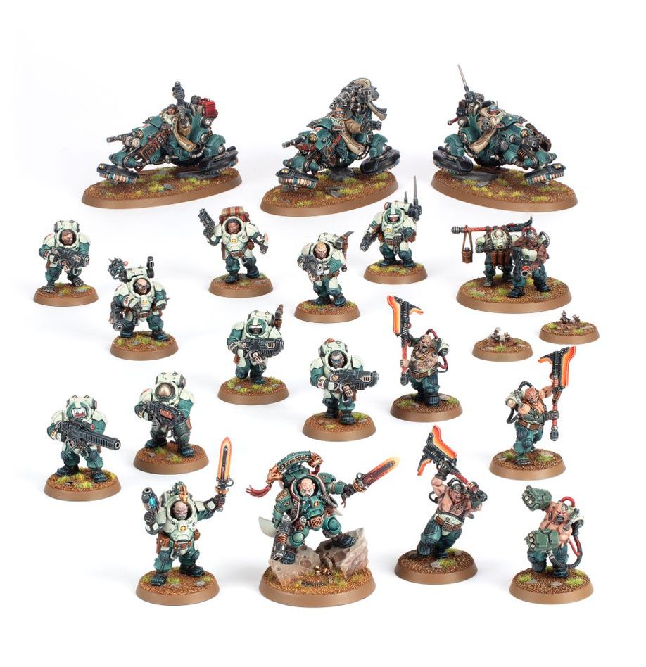 Boîte Warhammer 40,000 Combat Patrol Ligues de Votann avec 25 figurines incluant unités blindées, troupes Kin, motos gravitiques et personnages