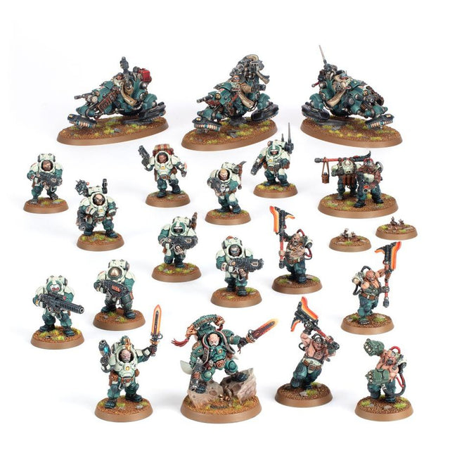 Boîte Warhammer 40,000 Combat Patrol Ligues de Votann avec 25 figurines incluant unités blindées, troupes Kin, motos gravitiques et personnages