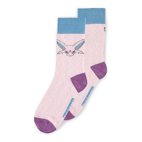 Pack de trois chaussettes Pokémon représentant Évoli, Mentali en rose et Noctali en noir avec embouts colorés assortis.