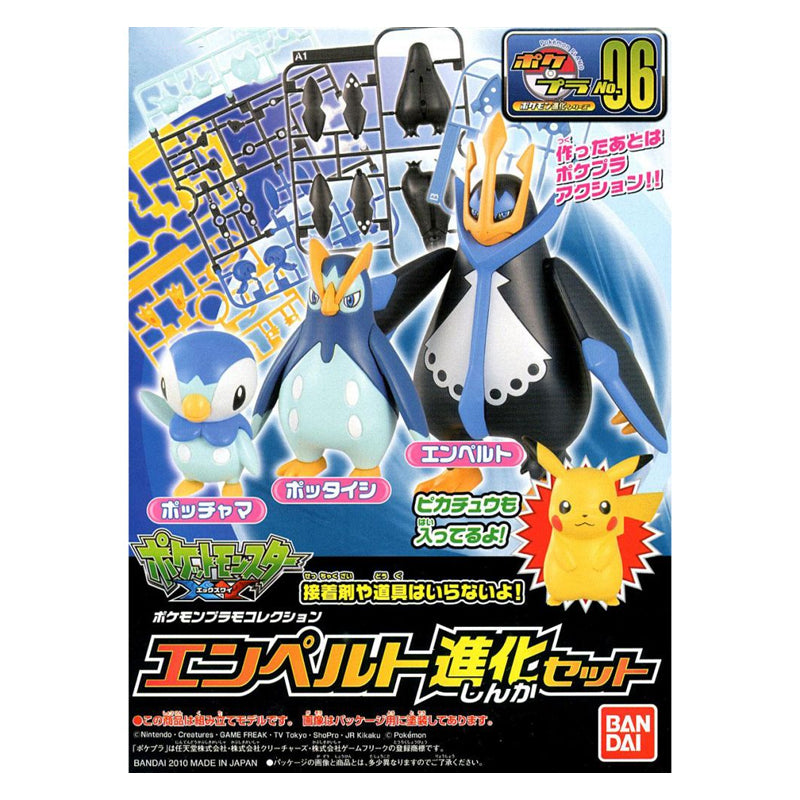Boîte du kit Pokémon Poképla No.06 Tiplouf Evolution Set Bandai avec Tiplouf, Prinplouf, Pingoléon et Pikachu illustrés.