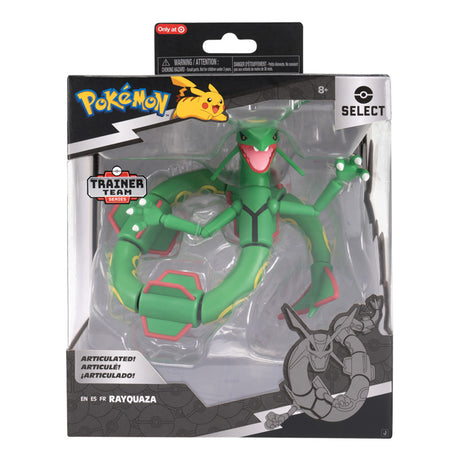 Boîte Pokémon Select Rayquaza 15 cm avec figurine verte super articulée visible à travers l’emballage.