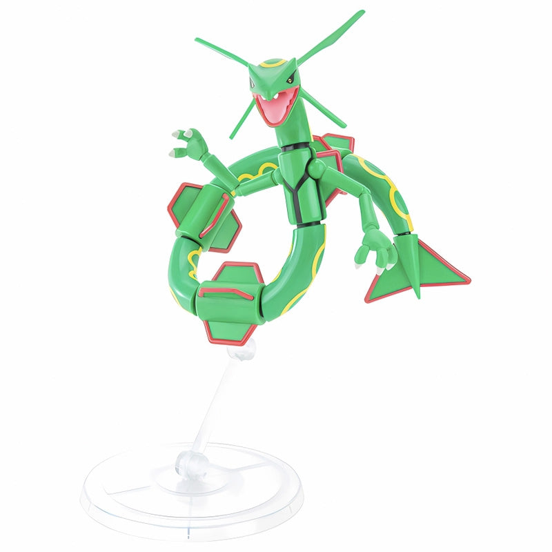 Boîte Pokémon Select Rayquaza 15 cm avec figurine verte super articulée visible à travers l’emballage.