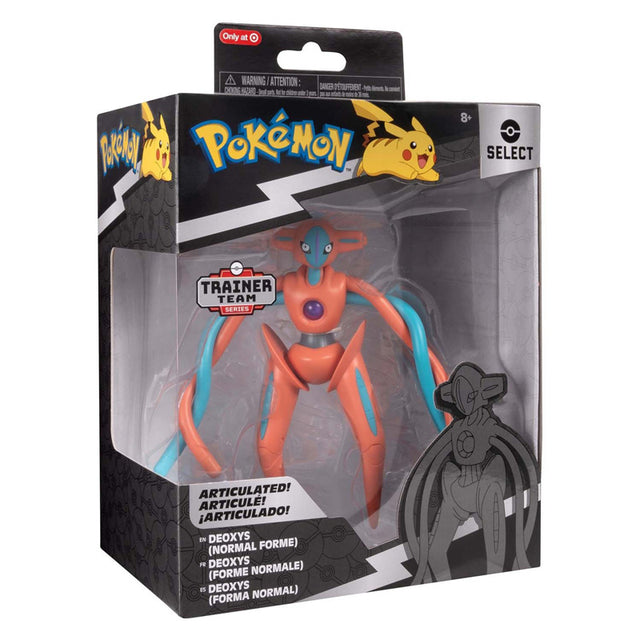 Boîte Pokémon Select Deoxys Forme Normale 15 cm avec figurine orange et bleue super articulée visible dans l’emballage.