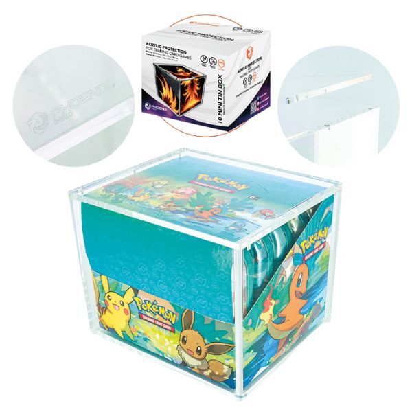 Protection acrylique transparente Phoenix Shield pour display de 10 mini tins, conçue pour exposer et protéger des coffrets scellés de cartes à collectionner.