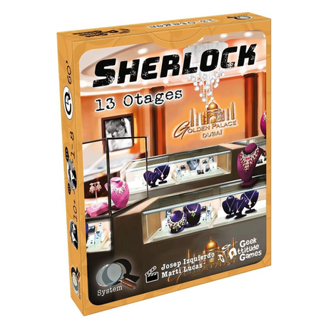 Boîte du jeu Q System Sherlock 13 Otages de Geek Attitude Games, illustrant une bijouterie de luxe du Golden Palace à Dubaï, avec des vitrines de bijoux.
