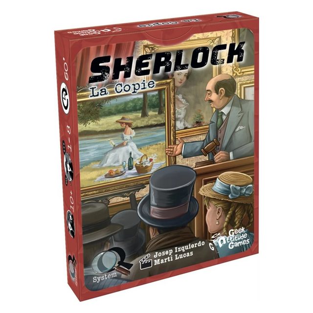 Boîte rouge du jeu Q System Sherlock La Copie de Geek Attitude Games, illustrant une vente aux enchères de tableaux avec un commissaire-priseur et plusieurs visiteurs.