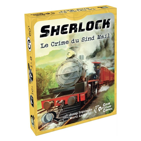 Boîte jaune du jeu Q System Sherlock Le Crime du Sind Mail de Geek Attitude Games, illustrant une locomotive à vapeur tirant des wagons rouges dans un paysage verdoyant.