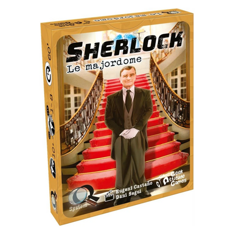 Boîte du jeu Q System Sherlock Le Majordome de Geek Attitude Games, représentant un majordome en costume noir devant un grand escalier rouge dans une demeure luxueuse.