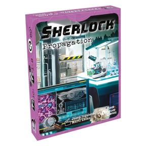 Boîte du jeu Q System Sherlock Propagation de Geek Attitude Games, illustrée d'un laboratoire scientifique avec microscope, éprouvettes et écrans d'analyse.