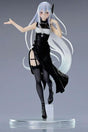 Figurine d’Echidna de Re:Zero portant une robe mandarine noire fendue, avec des bas noirs et des cheveux argentés très longs. Elle est en pose gracieuse sur un socle transparent.