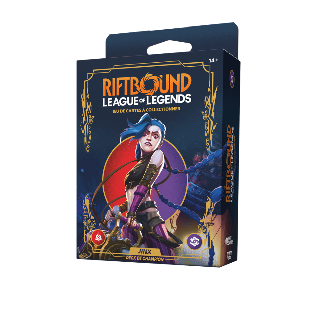 Boîte Riftbound Origines Deck de Champion Jinx en français, jeu de cartes League of Legends avec illustration de Jinx aux longues tresses bleues, tenue noire et violette, sur fond bleu nuit et ornements dorés.