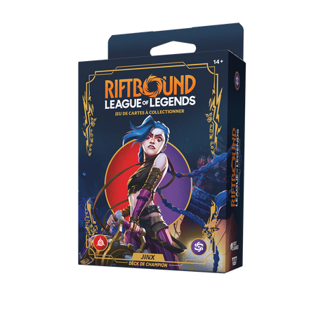 Boîte Riftbound Origines Deck de Champion Jinx en français, jeu de cartes League of Legends avec illustration de Jinx aux longues tresses bleues, tenue noire et violette, sur fond bleu nuit et ornements dorés.