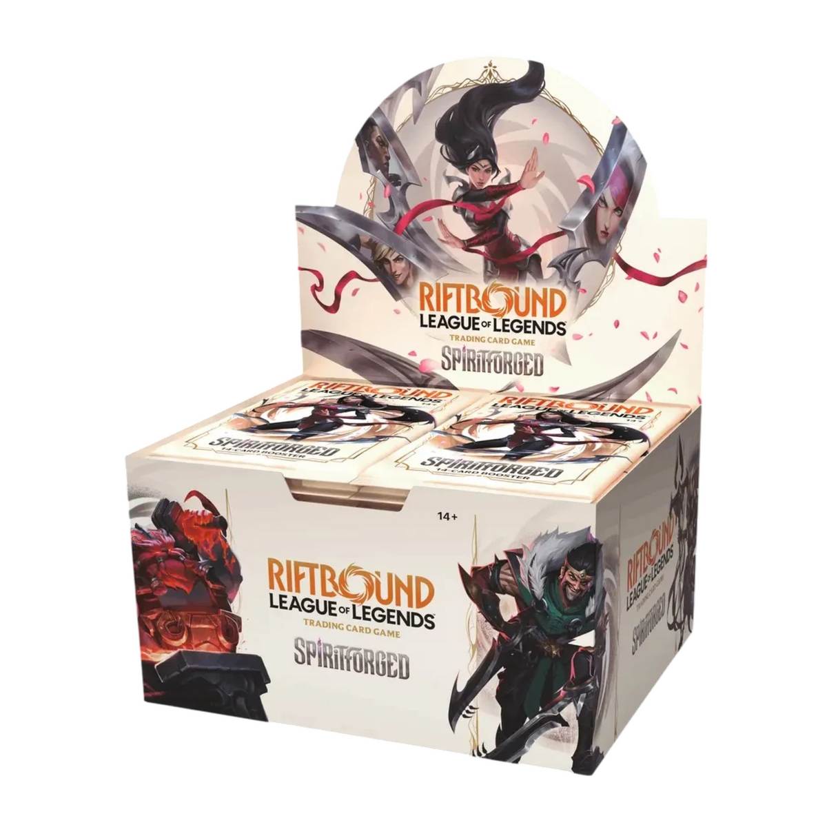 Display de boosters Riftbound Spiritforged Set 2 du jeu de cartes League of Legends, boîte blanche et dorée avec illustration d'Irelia et plusieurs champions de Runeterra, contenant des boosters de cartes à collectionner.