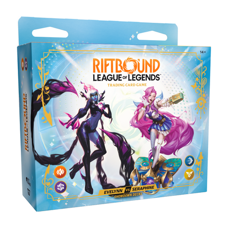 Coffret Riftbound Radiance Showdown Decks Evelynn vs Seraphine, jeu de cartes League of Legends contenant deux decks de champion, avec Evelynn en tenue sombre violette et Seraphine aux longs cheveux roses sur un packaging bleu clair et doré.