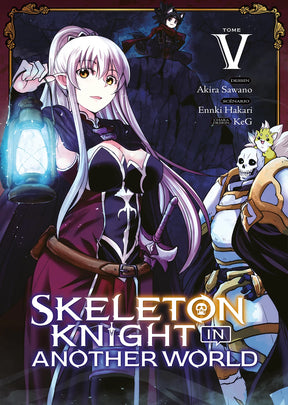 manga Skeleton Knight in Another World – Un chevalier squelette en armure dorée accompagné d’une aventurière.