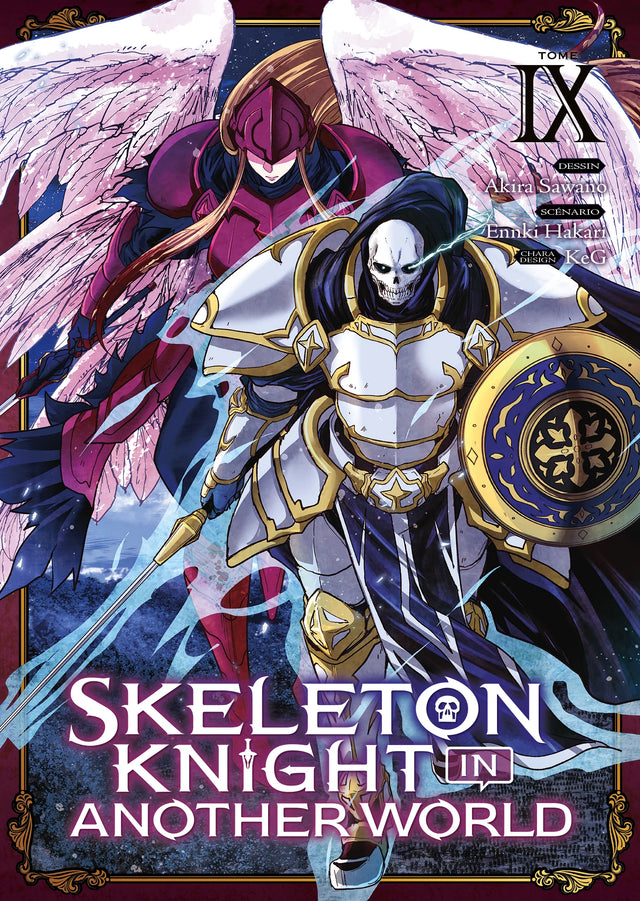 manga Skeleton Knight in Another World – Un chevalier squelette en armure dorée accompagné d’une aventurière.