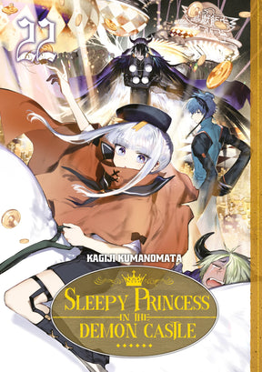 tome 22 de Sleepy Princess in the Demon Castle : la princesse Syalis déguisée, accompagnée de créatures et démons, dans une ambiance de casino étincelant, jetons et lumières tourbillonnantes.
