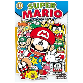 Couverture de Super Mario Manga Adventures Tome 10 de Yukio Sawada, avec Mario au premier plan entouré de Luigi, Yoshi, Bowser, Wario et de nombreux personnages Nintendo, éditions Soleil Manga.