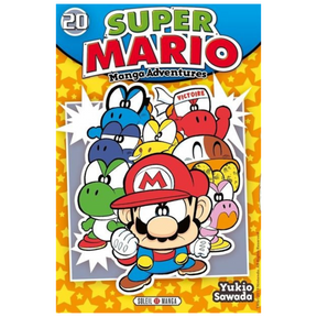 Couverture de Super Mario Manga Adventures Tome 20 de Yukio Sawada, avec Mario au premier plan entouré de plusieurs Yoshi colorés, sur un fond jaune étoilé, éditions Soleil Manga.
