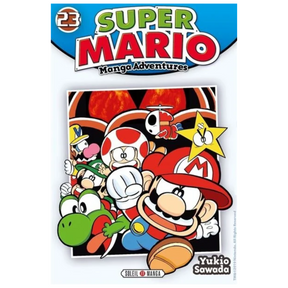 Couverture de Super Mario Manga Adventures Tome 23 de Yukio Sawada, avec Mario courant au premier plan, accompagné de Yoshi, Toad, Luigi, Wario et d'une étoile jaune sur un fond volcanique, éditions Soleil Manga.