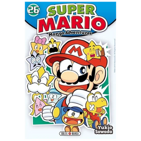 Couverture de Super Mario Manga Adventures Tome 26 de Yukio Sawada, avec Mario souriant entouré d'étoiles colorées aux expressions amusantes et de personnages Nintendo, éditions Soleil Manga.