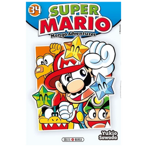 Couverture de Super Mario Manga Adventures Tome 34 de Yukio Sawada, avec Mario levant le poing, entouré d'étoiles jaunes, bleues et vertes ainsi que de personnages Nintendo, éditions Soleil Manga.