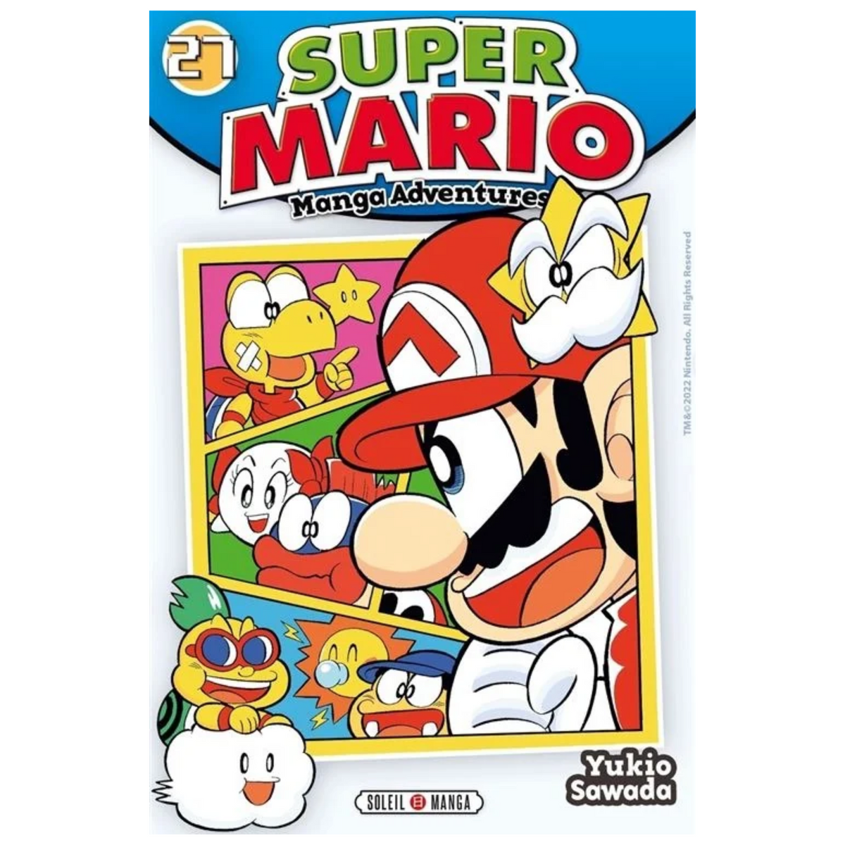 Couverture de Super Mario Manga Adventures Tome 27 de Yukio Sawada, avec Mario souriant en gros plan, entouré de personnages colorés et d'étoiles de l'univers Nintendo, éditions Soleil Manga.