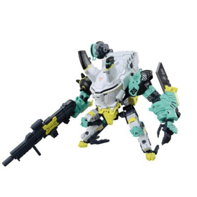 Maquette Synduality HG Daisyogre Alter blanche, turquoise et jaune avec fusil imposant et design mecha compact sur fond blanc.