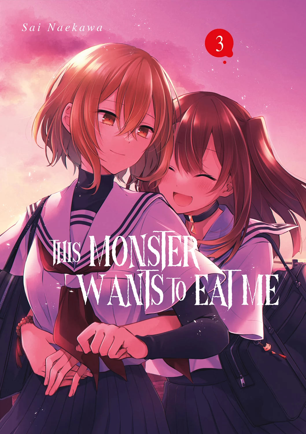 This Monster Wants to Eat Me Tome 3, avec deux lycéennes enlacées dans une lumière rose de fin de journée. Elles sourient, mais une main surgissant de l’ombre laisse planer le doute.