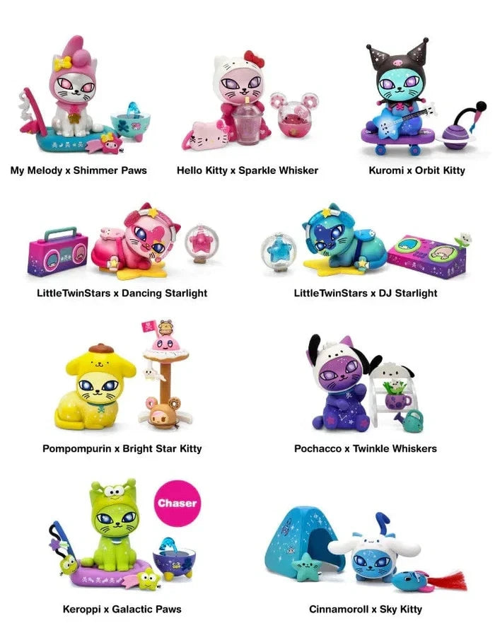 Boîte mystère Tokidoki x Hello Kitty and Friends Galactic Cats contenant une figurine aléatoire parmi 9 modèles.
