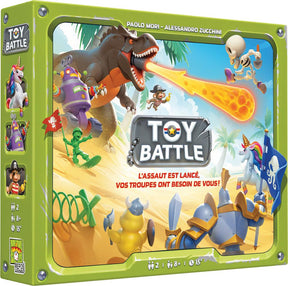 Boîte du jeu Toy Battle avec dinosaures, robots, pirates, soldats et licornes s’affrontant dans un décor coloré.