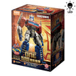Boîte Transformers Blokees Action Edition One Optimus Prime / Orion Pax avec visuel du robot rouge et bleu et mention LED.