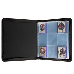 Classeur Ultra Pro PRO-Binder Zippered Premium ouvert, avec pages 9 cases conçues pour ranger des cartes protégées en toploaders.