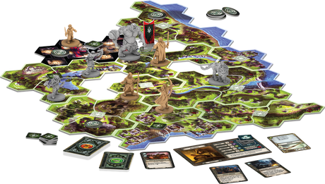 Boîte du jeu de société Le Seigneur des Anneaux : Voyages en Terre du Milieu de Fantasy Flight Games, illustrant des héros combattant des Orques dans une forêt sombre, jeu coopératif pour 1 à 5 joueurs.