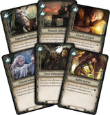 Boîte du jeu de société Le Seigneur des Anneaux : Voyages en Terre du Milieu de Fantasy Flight Games, illustrant des héros combattant des Orques dans une forêt sombre, jeu coopératif pour 1 à 5 joueurs.