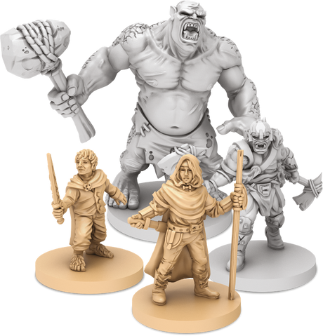 Boîte du jeu de société Le Seigneur des Anneaux : Voyages en Terre du Milieu de Fantasy Flight Games, illustrant des héros combattant des Orques dans une forêt sombre, jeu coopératif pour 1 à 5 joueurs.