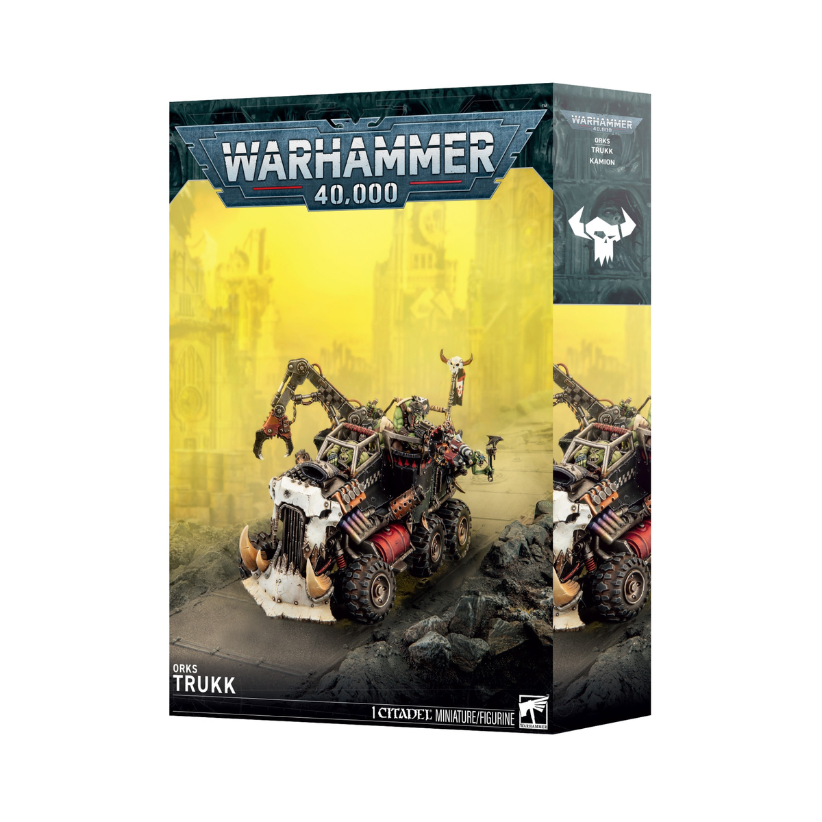 Boîte Warhammer 40,000 Orks Trukk Kamion contenant 1 figurine Citadel de véhicule ork blindé avec pince mécanique, gros pneus et défenses massives.40K - Orks - Kamion